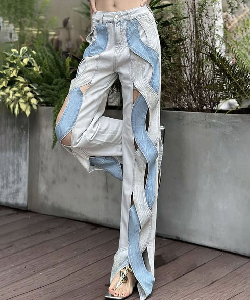 Wave cut denim pants